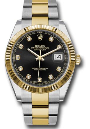 Replica Rolex Steel and Yellow Gold Rolesor Datejust 41 Watch 126333 Fluted Bezel Black Diamond Dial Oyster Bracelet